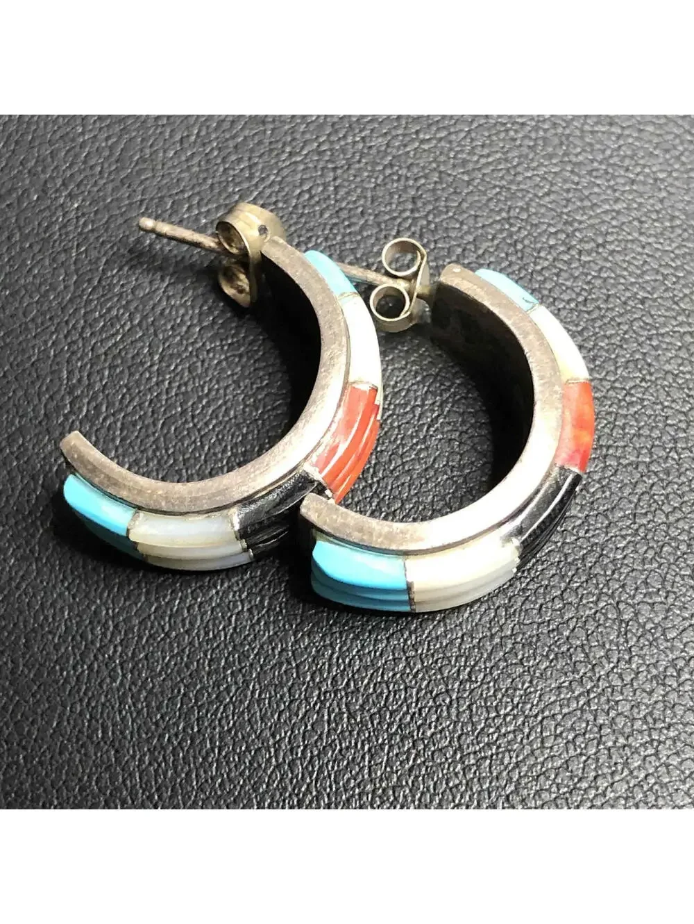 5569 Vintage patina Signed ED Sterling Coral Turquoise MOP hoop Earrings 8.5G - Picture 4 of 4